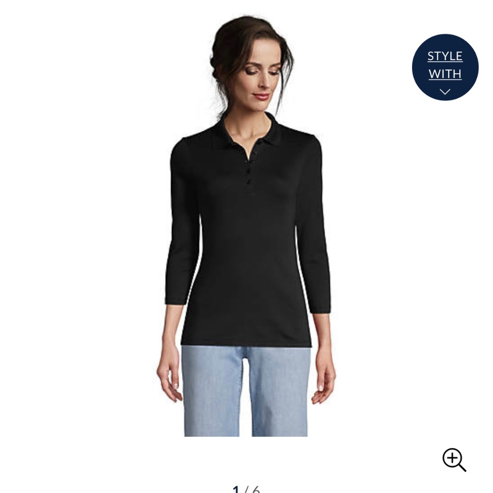 Lands End Petite Size L Three Quarter Sleeve Black Polo